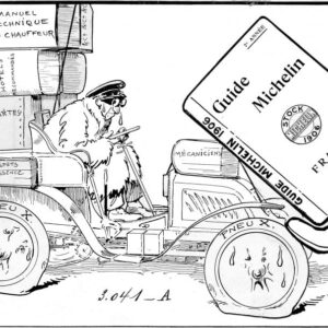 Illustration of a vintage car with a driver holding a Michelin Guide, surrounded by luggage and mechanical manuals, symbolizing travel and dining recommendations in the construction marketing context.