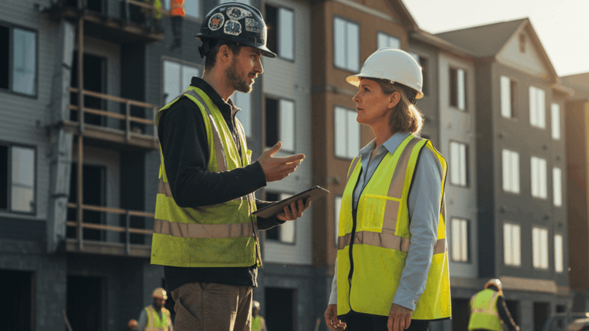 Construction professionals discussing project details on-site, wearing safety vests and helmets, with a partially constructed building in the background.