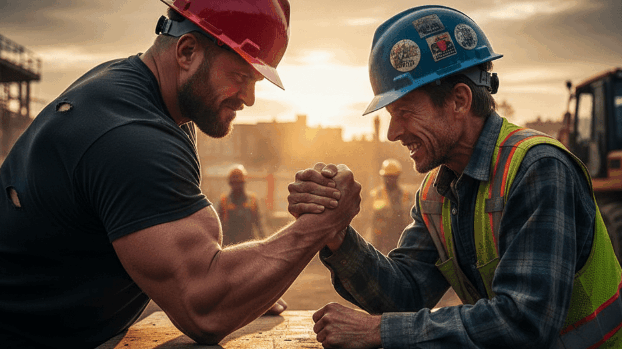 Construction workers engaging in an arm wrestling match, showcasing camaraderie and competition, with a sunset backdrop highlighting a construction site atmosphere.