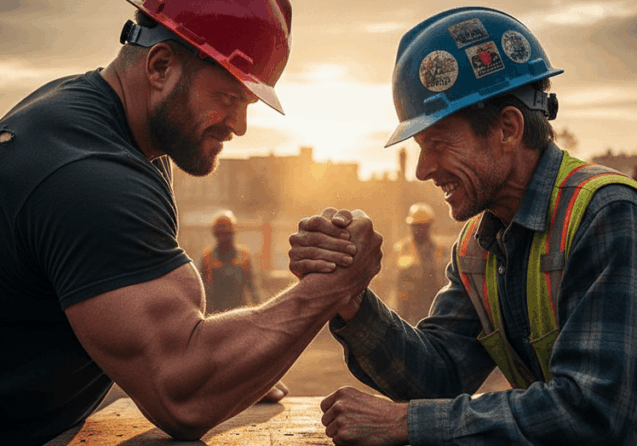 Two construction workers engaging in an arm wrestling match at sunset, showcasing camaraderie and competition in the construction industry.
