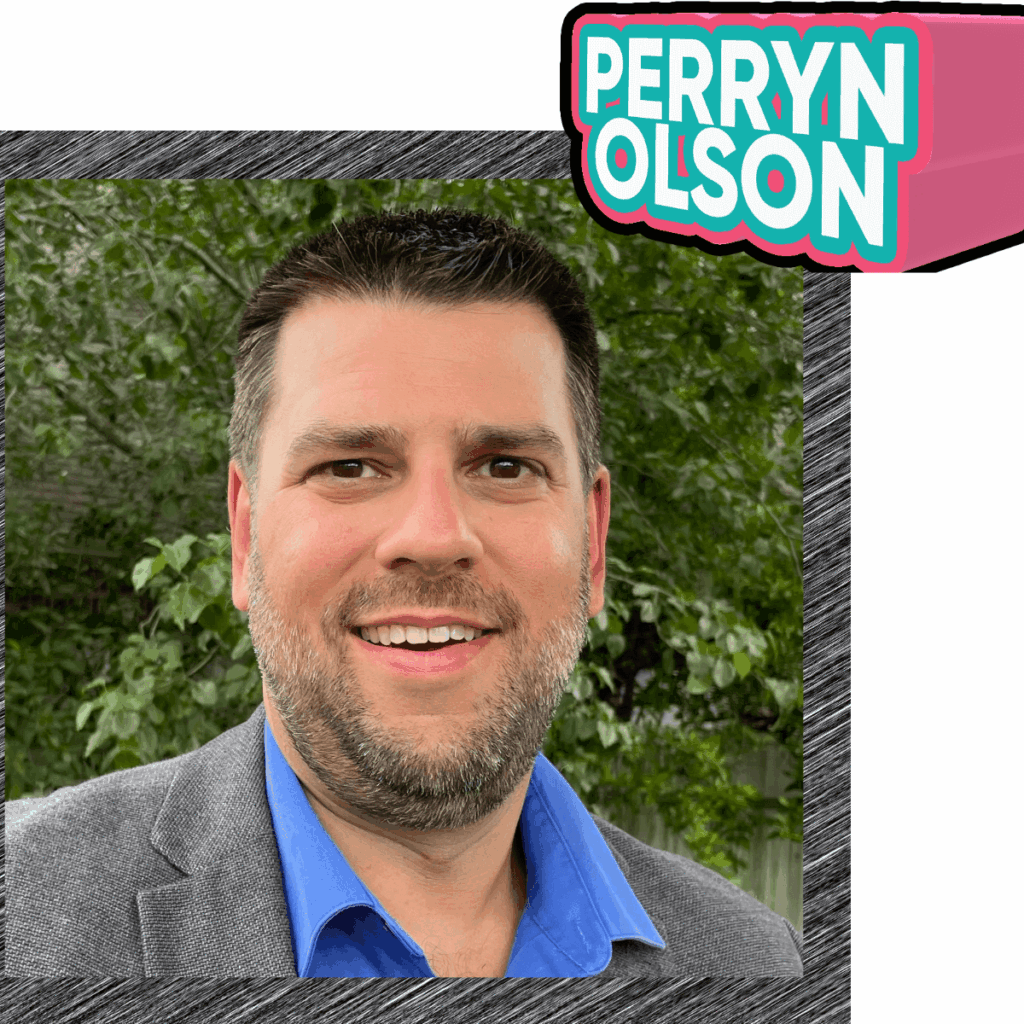 Perryn Olson smiling in a professional setting, wearing a blazer and blue shirt, with greenery in the background, promoting his upcoming presentation on SEO strategies at the 2026 SMPS Southern Regional Conference.