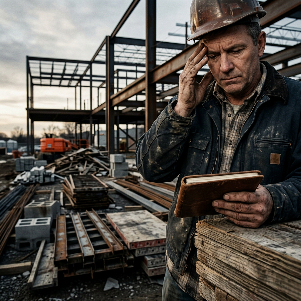 Construction worker in a hard hat, looking concerned while holding a notebook, with a steel framework and construction materials in the background, reflecting challenges in adapting to a tight market.