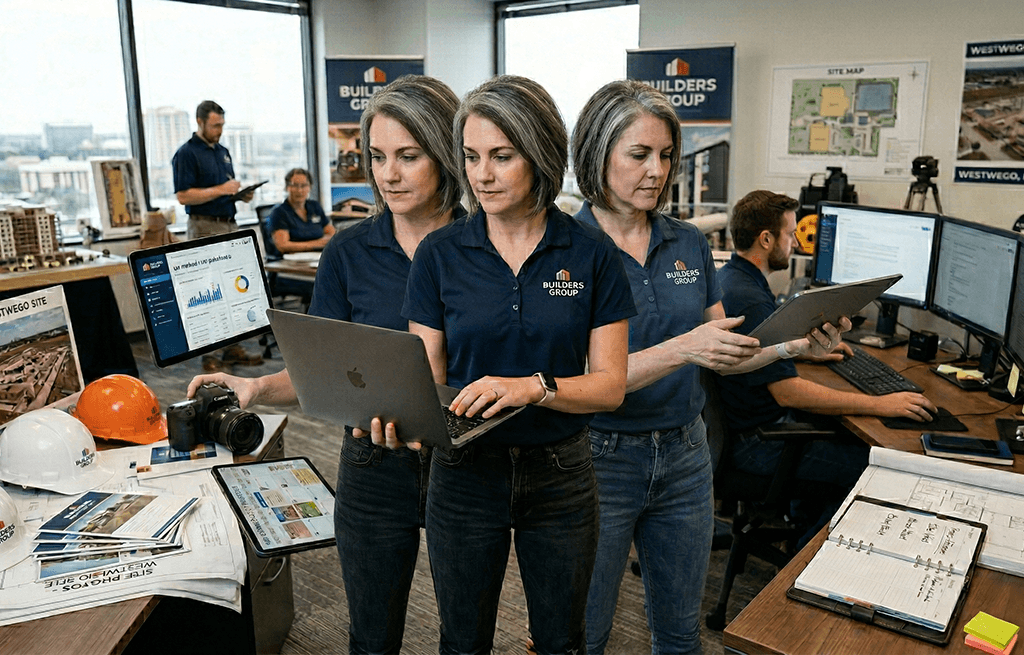 Three professionals from Builders Group collaborating in a modern office, using laptops and tablets, with construction plans and equipment visible, emphasizing teamwork in construction marketing strategies.
